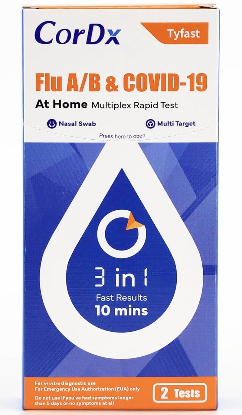 CorDx TyFast Flu A/B & Covid 19 Multiplex Rapid Test, 10 Mins at Home, EUA Authorized, 3 in 1 Combo Kit, 2 Tests - Image 1